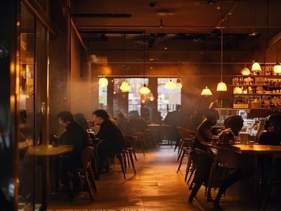 咖啡馆内顾客专注工作的偷拍视频画面，暖黄灯光营造温馨氛围，真实日常感强